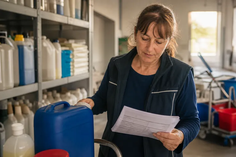Mitarbeiterin prüft ein Sicherheitsdatenblatt neben einem gekennzeichneten Reinigungsmittelbehälter.