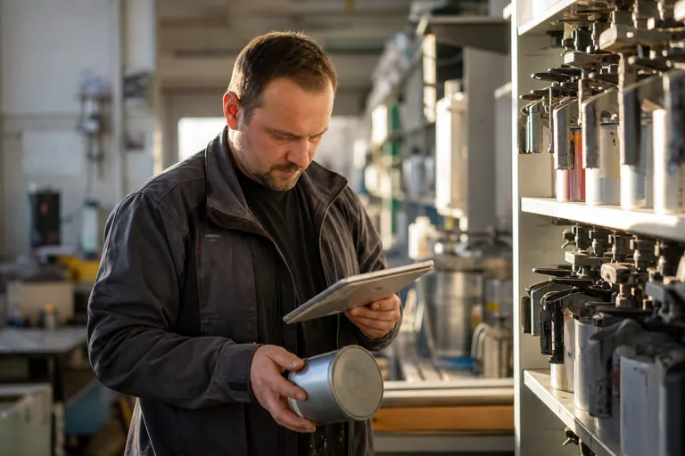 Fachkraft vergleicht Lackproduktetiketten mit einer digitalen Gefahrstoffliste auf einem Tablet.